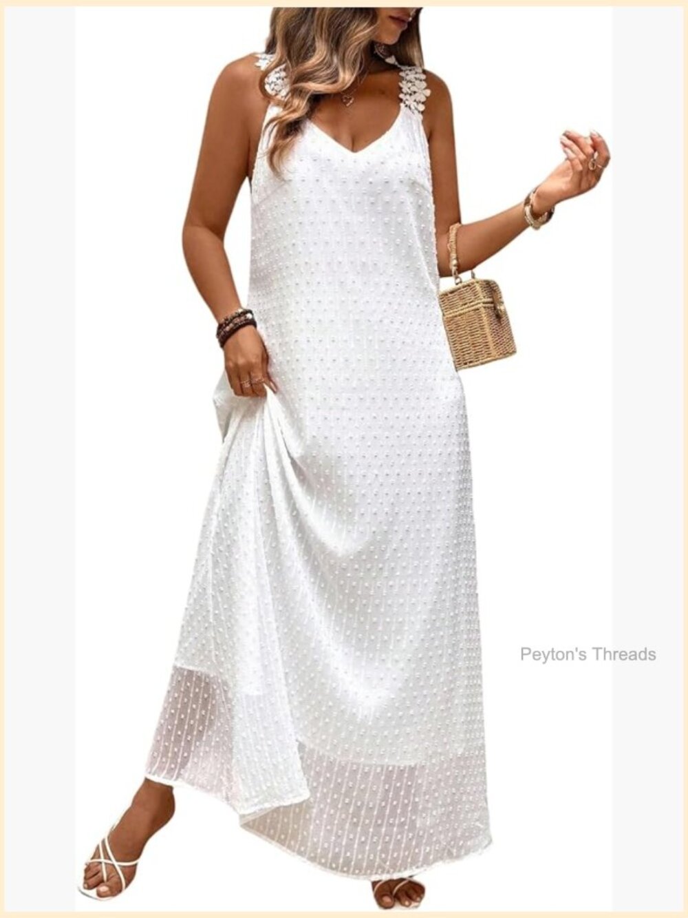Plus Size V Neck Sleeveless Flowy Maxi Sundress with Floral Appliques Swiss Dots